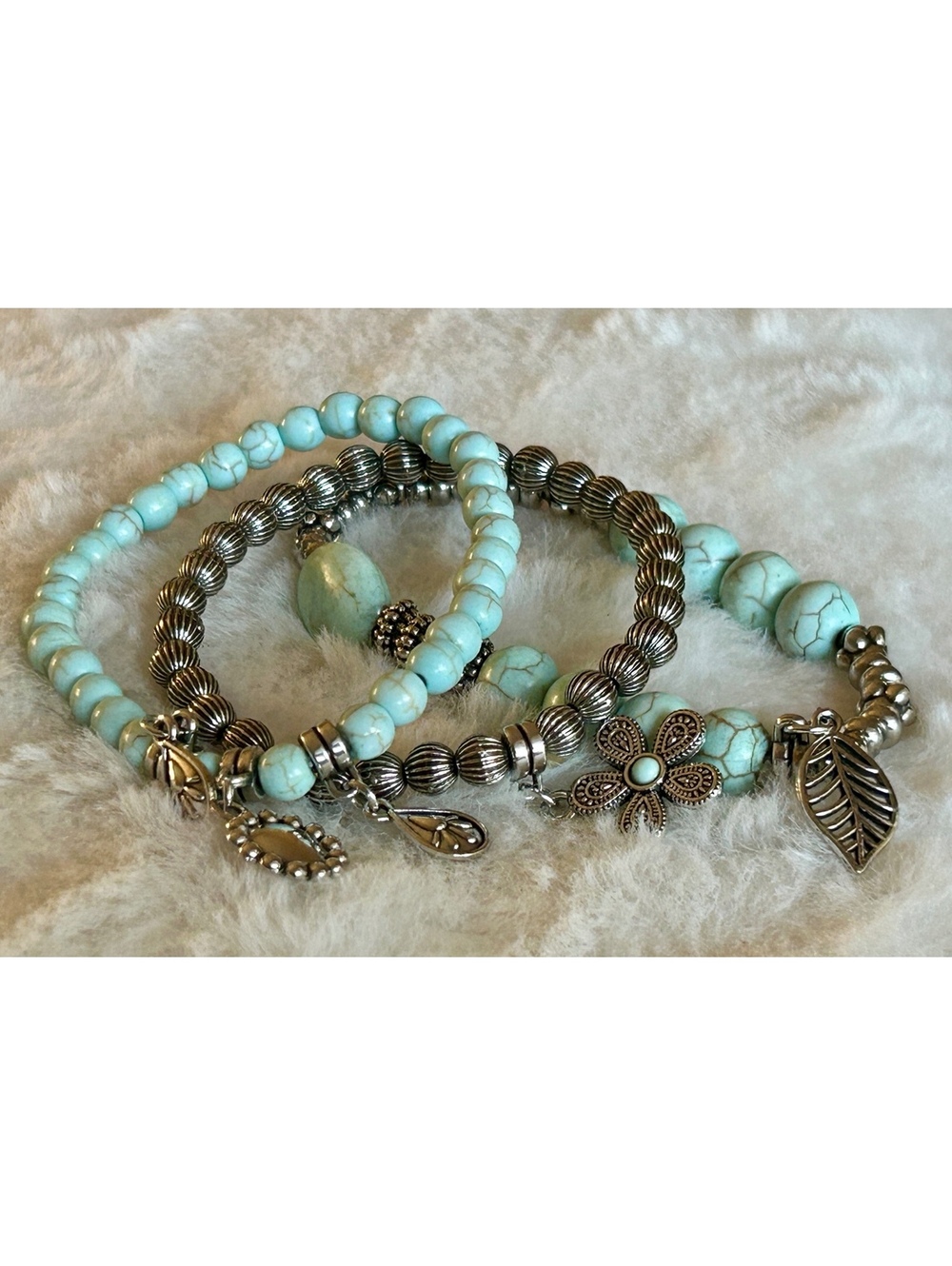 Set of 3 Turquoise and Silver Tone Charm Beaded Bracelets